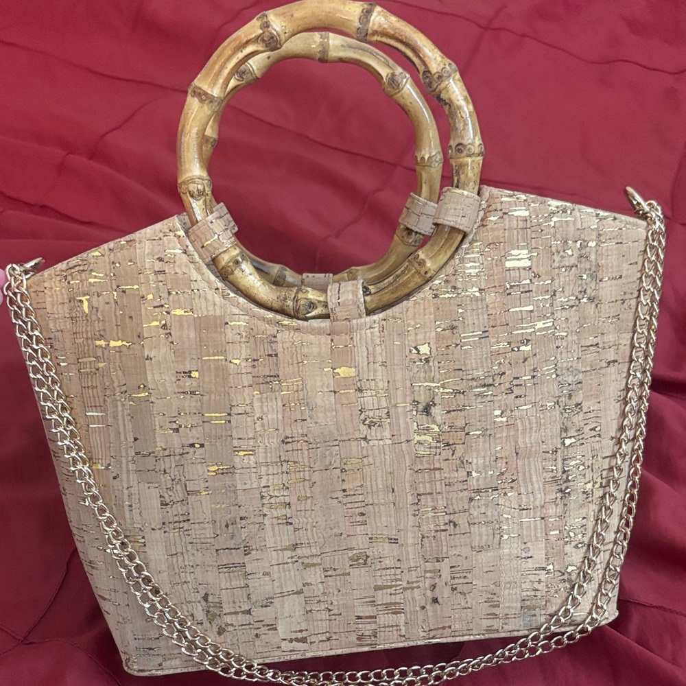 Woven Cork Tote Bag with Bamboo Handles - Natural